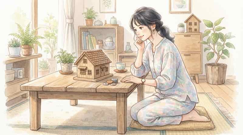 円高と住宅ローン金利の関係を家の模型を前に考える女性のイラスト