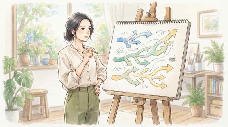 円高 いつまで続くのか3つのシナリオを書き出して考える女性のイラスト
