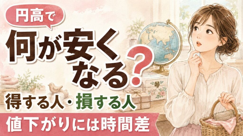 円高になると何が安くなるのかを解説、街頭のニュースを見上げる女性のイラスト