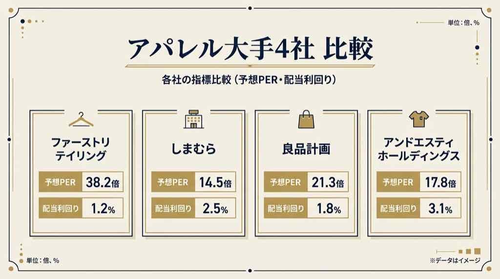 ファーストリテイリングとしまむら・良品計画・アンドエスティHDの業績と株価指標の比較表