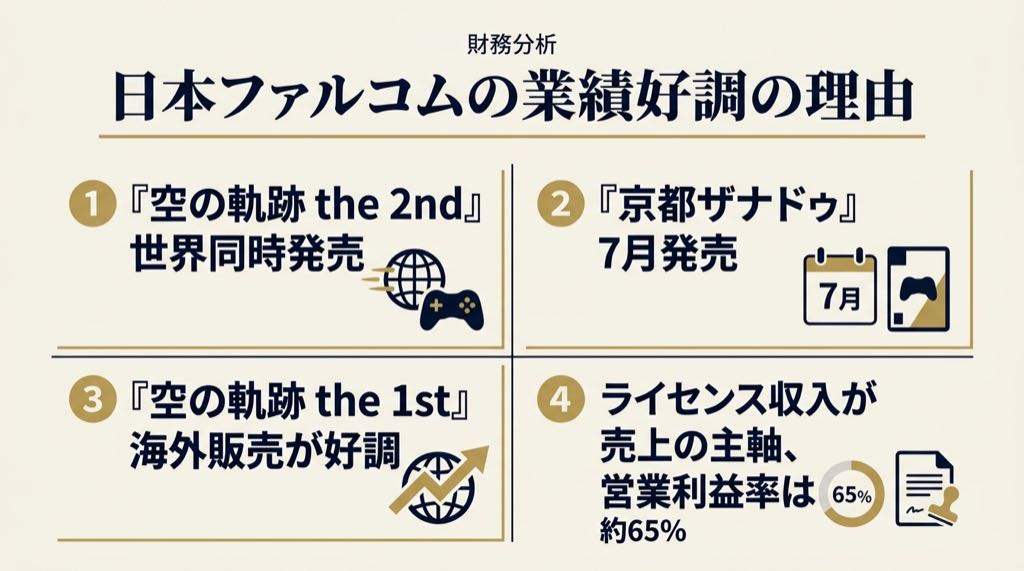 日本ファルコム株の上方修正の理由と空の軌跡・京都ザナドゥの寄与を整理した図