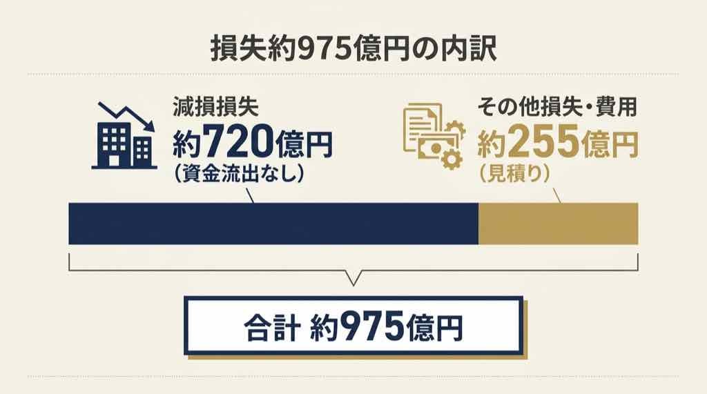 テルモ 株価 今後|約975億円の損失の内訳(減損約720億円とその他約255億円)を整理した画像
